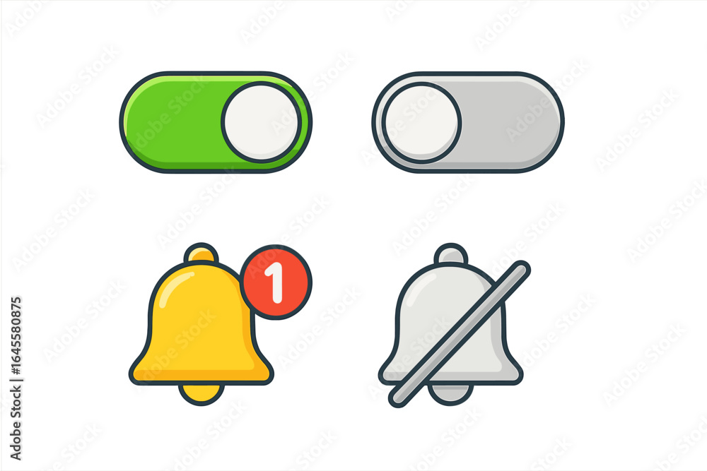 Poster ui elements icon set. toggle switch button in on and off state. notification bell for new message al