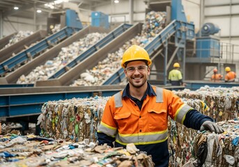 Workers engage in recycling operations at a waste management facility in the afternoon, promoting environmental sustainability and safety
