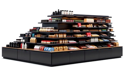 a well-stocked display shelf filled with various products and goods, showcasing an array of items arranged neatly. The shelf is designed to attract customers' attention
