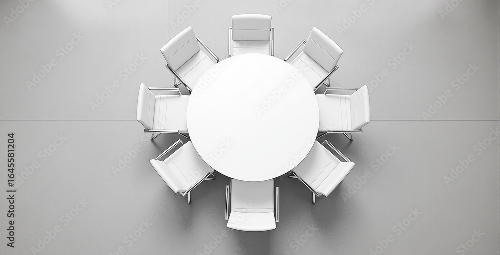 Poster minimalist round white table with eight modern chairs in clean empty space for business concept or p