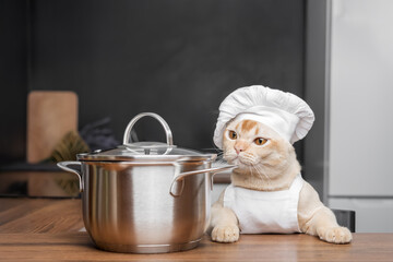 Burmese cat dressed as a chef with a saucepan in the kitchen.