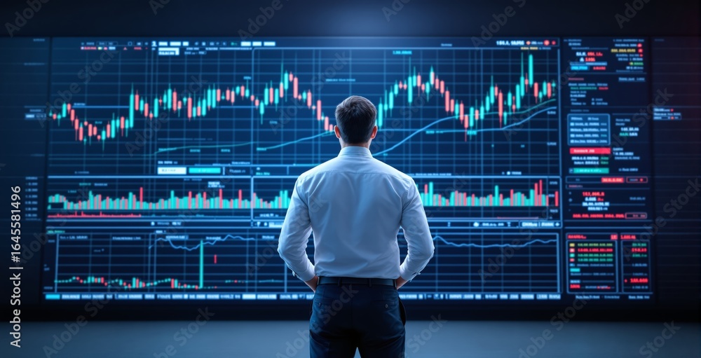 Poster businessman analyzing financial data on large digital screen showing stock charts and graphs in futu