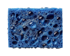 Cleaning action with blue sponge kitchen product, isolated on transparent background, png