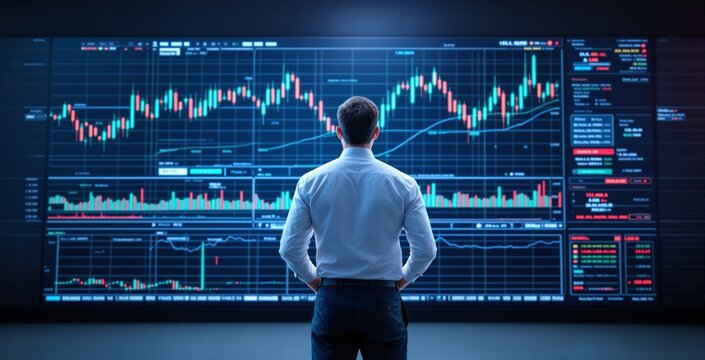 Businessman analyzing financial data on large digital screen showing stock charts and graphs in futuristic corporate environment. Ai generative - Powered by Adobe