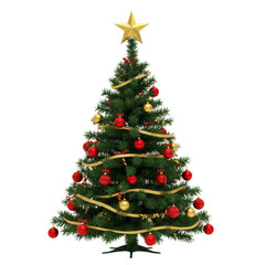 Christmas tree decorated with red and gold ornaments and ribbons against a black background