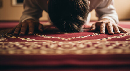 A person performing Islamic prayer on a prayer rug.