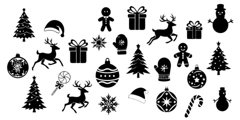 Black and white Christmas icons, various designs.
