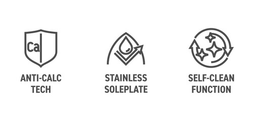 Iron steamer icons - Self-clean, Anti-calc, Stainless soleplate. in bold line