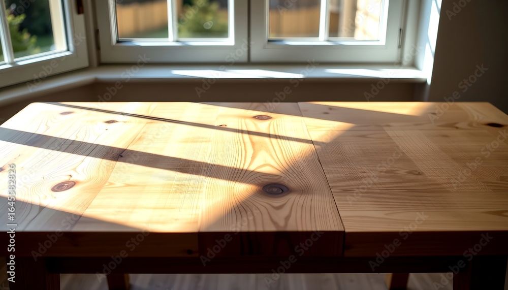 Poster sunlight streams across a wooden table near a window, casting shadows and illuminating the natural w