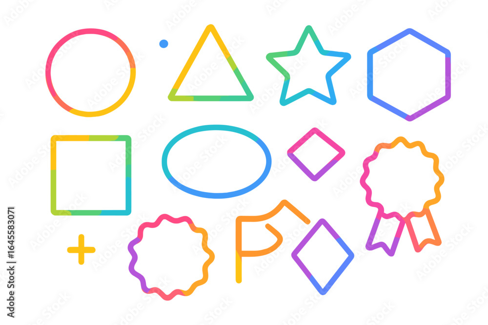 Poster set of colorful geometric shapes and badges with vibrant gradient outlines. vector collection of mod