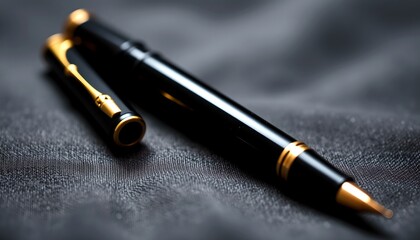 a classic fountain pen lies on a textured cloth, with its cap elegantly displayed nearby