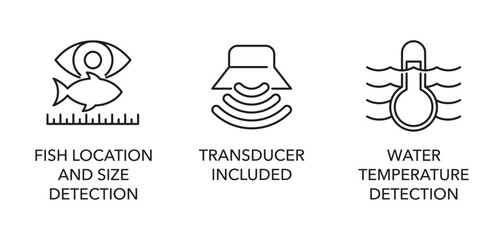Fishfinder sonar icons set of 3 for labeling in thin line