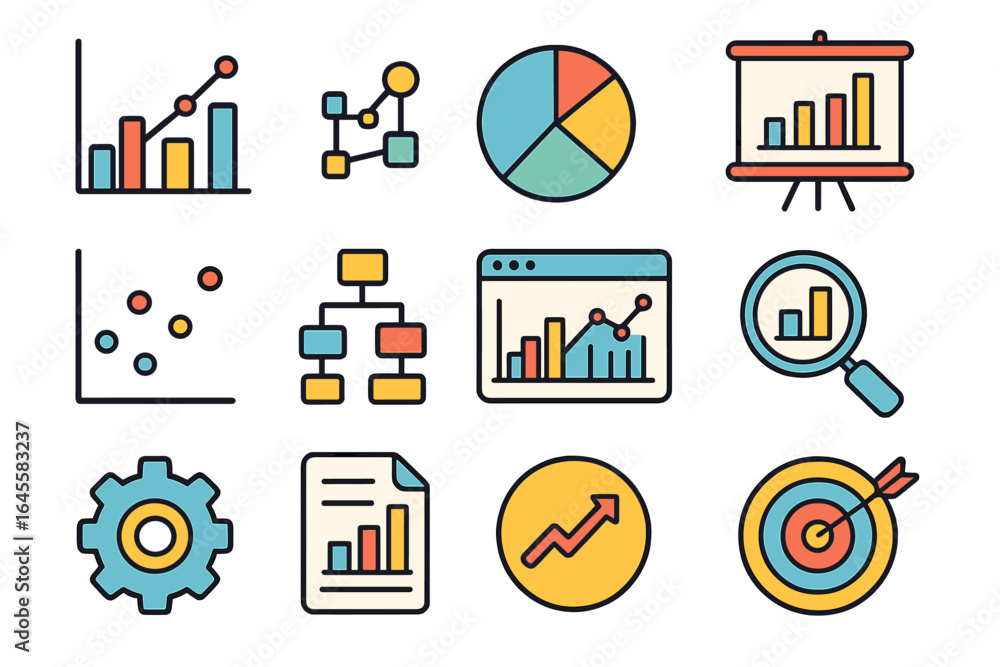 Poster data analysis and statistics icon set. collection of charts, graphs for business reports and marketi