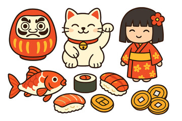 Set of cute kawaii Japanese elements. Cartoon vector collection with traditional Japan symbols. Maneki neko cat, daruma, kokeshi doll, koi fish, sushi, lucky coins.