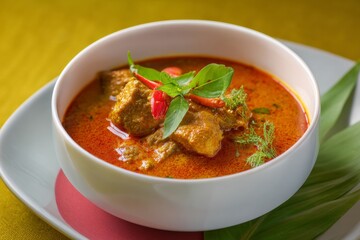 A richly colored curry dish features tender pieces of meat simmered in spicy sauce, garnished with fresh herbs and chilies, presented in a white bowl on a colorful table setting