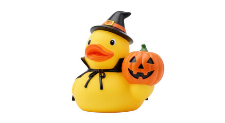 A yellow rubber duck wearing a witch hat and cape, holding a carved pumpkin, isolated on a white background.