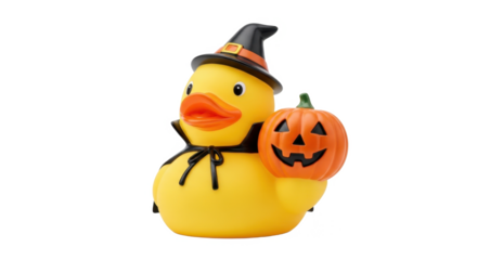 A yellow rubber duck wearing a witch hat and cape, holding a carved pumpkin, isolated on a white background.