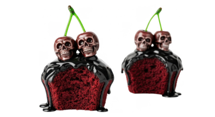 Two spooky cupcakes with red cake, black frosting, and skull cherries, isolated on white.