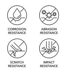 Corrosion, Abrasion, Scratch, Impact resistance. Icons set in thin line