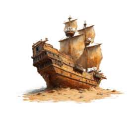 Shipwreck discovery ancient pirate ship beach digital fantasy, isolated on transparent background, png
