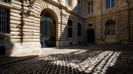 Stone building courtyard with long shadows on cobblestones.