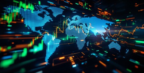 Digital world map with glowing stock market charts and trading indicators illustrating global business and finance concept on futuristic interface screen. Ai generative
