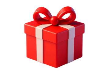 A bright red gift box with a white ribbon and bow isolated on transparent background