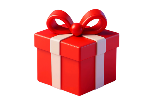 A bright red gift box with a white ribbon and bow isolated on transparent background