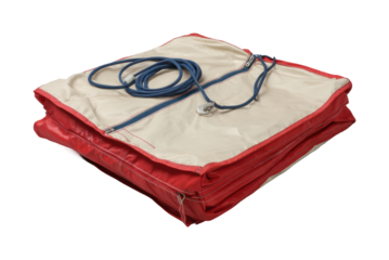 Action-packed red and cream parachute setup product display, isolated on transparent background, png