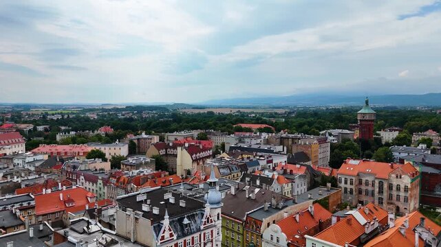 city center old town drone flight over Swidnica Poland