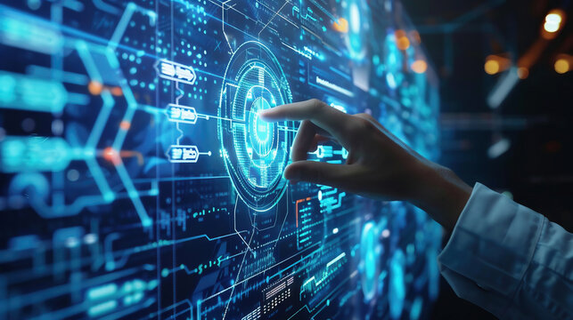 Person Interacting with a Clean Business Tech Interface Featuring Glowing White Cubes Displaying Charts