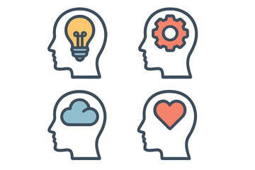Human head icons with brain symbols. Represents creativity, logic, emotion, thought. Vector set for psychology, mental health, business idea and emotional intelligence.