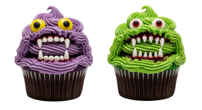 Two creatively decorated cupcakes, each resembling a monster with frosting, eyes, and teeth, on a white background.