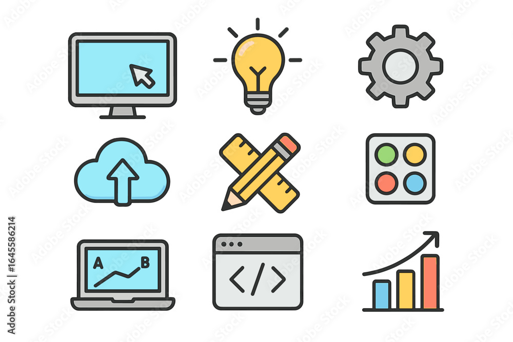 Poster technology icon set for web design and development. business data analysis, marketing strategy, crea