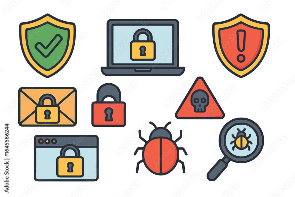 Poster cybersecurity icon set. internet security, data protection, and virus threat concept. vector icons f