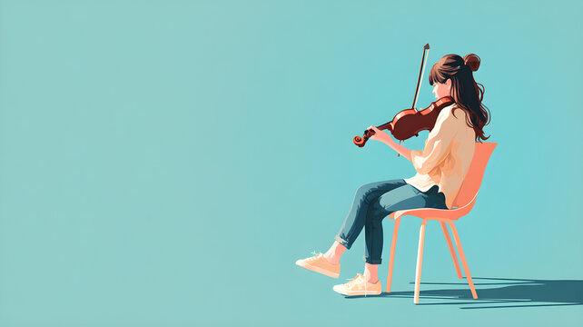 A young woman playing violin while sitting on a chair,  young woman with violin