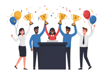 Team Success Celebrating Victory with Awards  Confetti  Achieve Business Goals isolated on transparent background