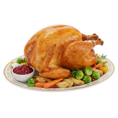 Roasted turkey with vegetables and cranberry sauce on a festive plate for thanksgiving or christmas