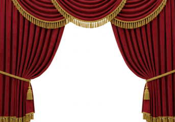 Red theater curtain with gold fringe isolated on transparent background