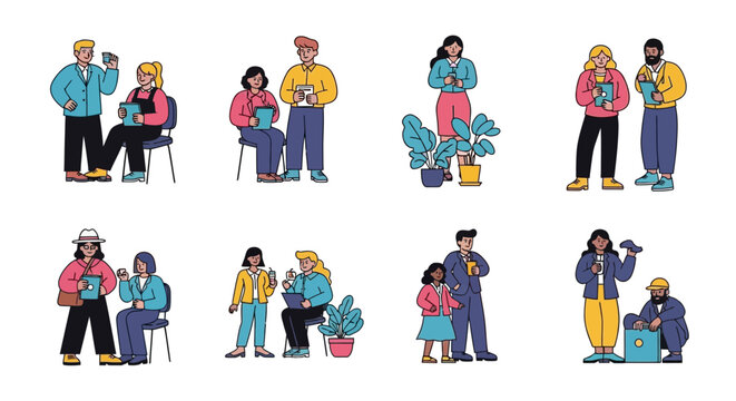 diverse team collaboration illustrative scenes of teamwork brainstorming and casual meetings for modern business presentations