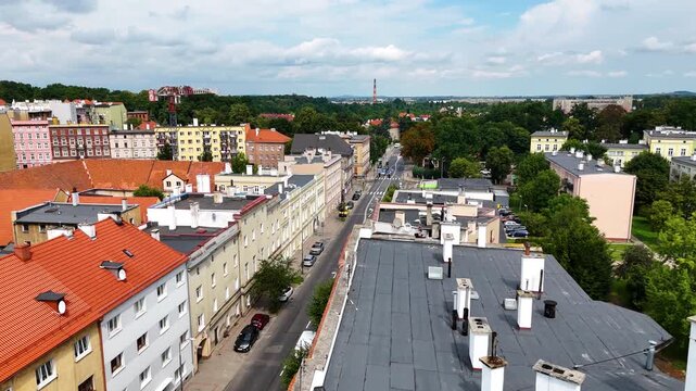 city center old town drone flight over Swidnica Poland