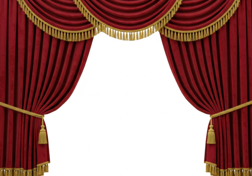 Red theater curtain with gold fringe isolated on transparent background
