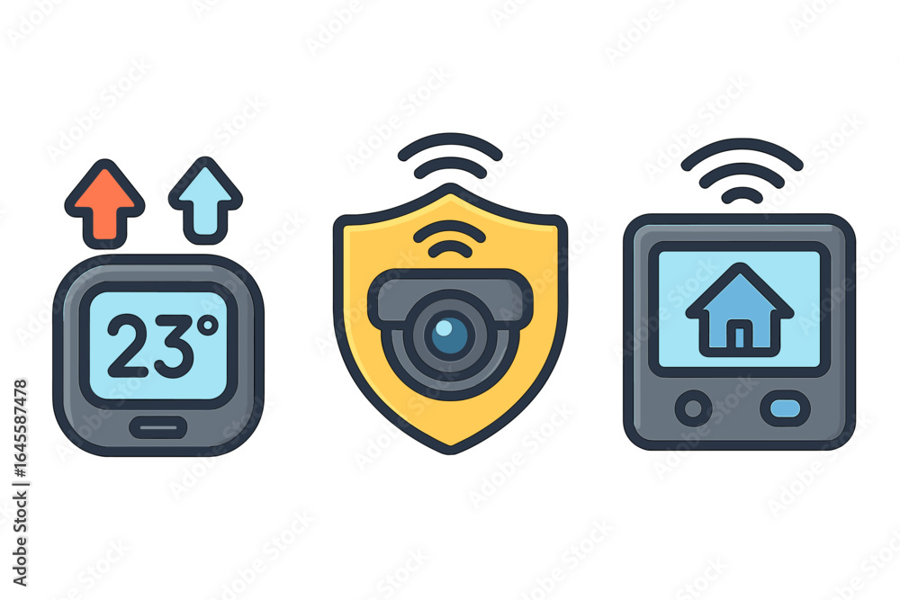Poster smart home vector icon set. temperature control thermostat, security camera shield, automation hub. 