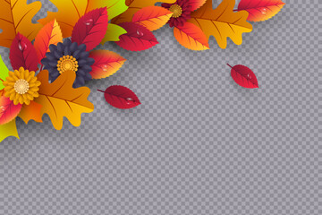 Colorful autumn leaves and flowers on transparent background. Festive seasonal border for fall themes, Thanksgiving promotions or nature design. Vector illustration.