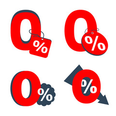 0 percent - labels in 4 versions, red and dark gray colors