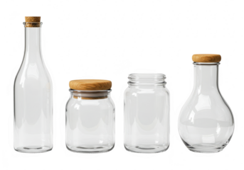 Four empty glass jars and bottles with corks isolated on transparent background
