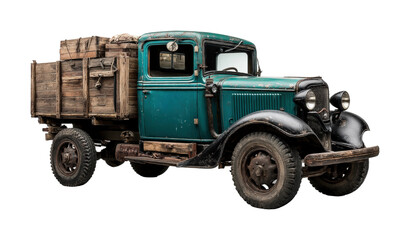 Obraz premium Vintage truck transporting firewood in rustic environment side view, isolated on transparent background, png