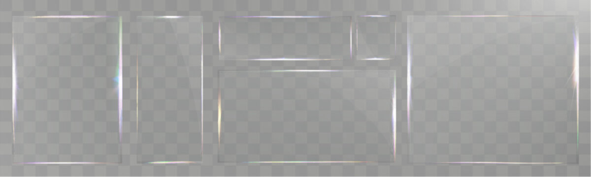 Transparent glass frame set isolated, realistic clear plastic film border, shiny glare overlay, vector template for photo decoration.	