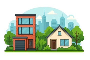 Urban and suburban homes concept. Modern architecture townhouse and cottage house side by side. Cityscape background. Real estate property. Neighborhood vector cartoon style.