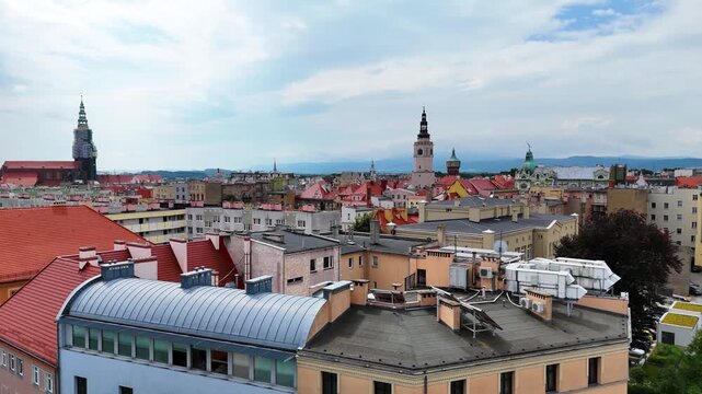 city center old town drone flight over Swidnica Poland